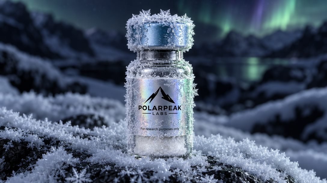 Frost-covered PolarPeak Labs vial on snow
