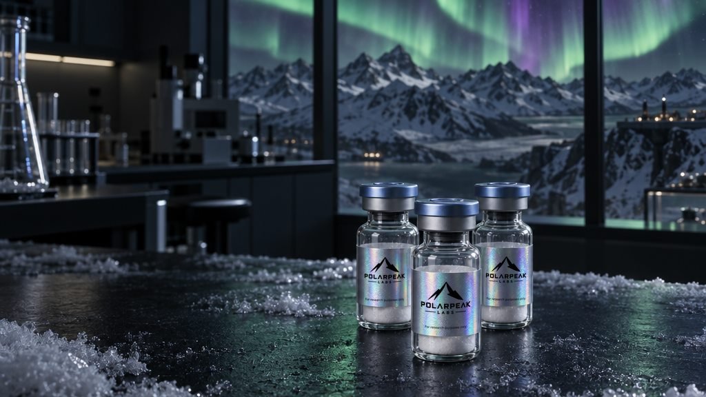 Three PolarPeak Labs vials on a dark laboratory bench in front of a window onto snow-covered mountains